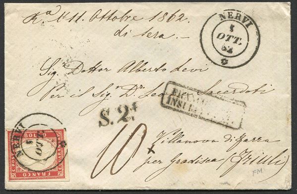 1862, Regno d’Italia, lettera da Nervi per Gradisca (Friuli) del 5 ottobre 1862
