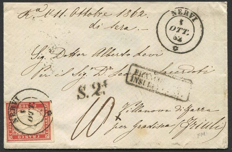 1862, Regno d’Italia, lettera da Nervi per Gradisca (Friuli) del 5 ottobre 1862  - Asta Storia Postale e Filatelia - Cambi Casa d'Aste