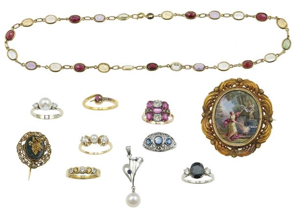 Group of gem-set and gold and low karat gold jewels