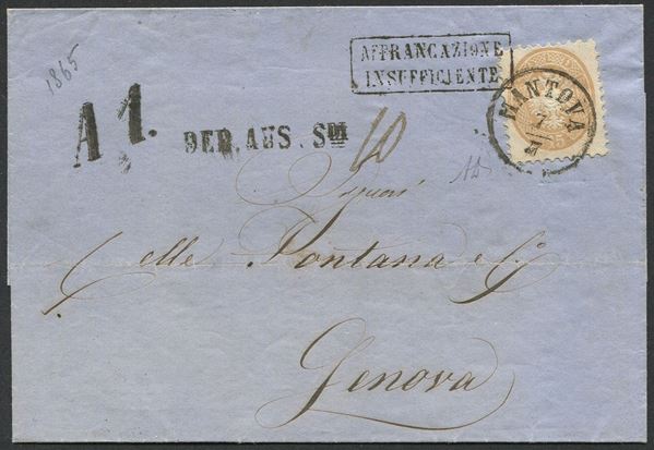 1865, Lombardo Veneto, lettera da Mantova per Genova, via Bologna, del 7 luglio 1865