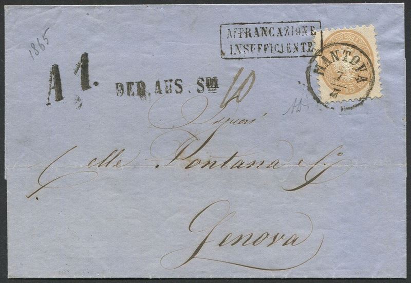 1865, Lombardo Veneto, lettera da Mantova per Genova, via Bologna, del 7 luglio 1865  - Auction Postal History and Philately - Cambi Casa d'Aste