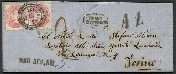 1865, Lombardo Veneto, lettera da Lendinara per Torino del 27 dicembre 1865