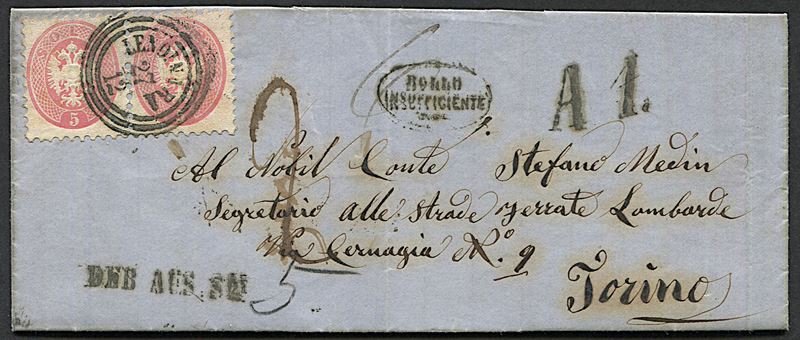 1865, Lombardo Veneto, lettera da Lendinara per Torino del 27 dicembre 1865  - Asta Filatelia - Cambi Casa d'Aste