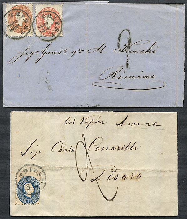1861, Lombardo Veneto, due lettere da Trieste in tariffa da 15 soldi