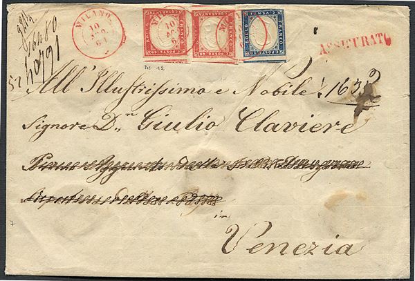 1861, Sardegna, grande busta raccomandata da Milano per Venezia del 10 agosto 1861