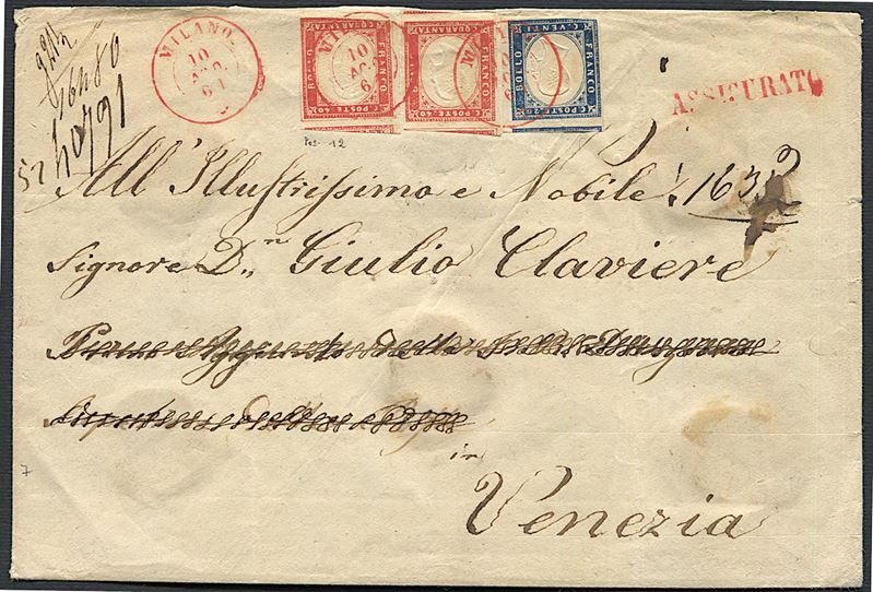 1861, Sardegna, grande busta raccomandata da Milano per Venezia del 10 agosto 1861  - Auction Philately - Cambi Casa d'Aste
