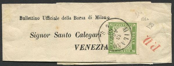 1860, Sardegna, fascetta per giornali da Milano per Venezia del 13 agosto 1860