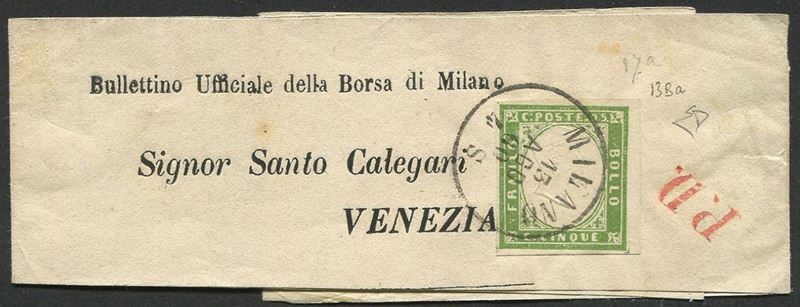 1860, Sardegna, fascetta per giornali da Milano per Venezia del 13 agosto 1860  - Asta Storia Postale e Filatelia - Cambi Casa d'Aste