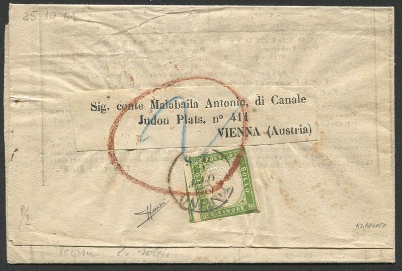1861, Sardegna, circolare a stampa, da Torino per Vienna del 25 ottobre 1861  - Auction Postal History and Philately - Cambi Casa d'Aste