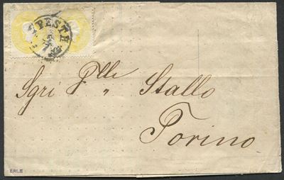 1861 - Ungheria - Lettera da Pesth per Torino del 9 Luglio Ffrancata con Due Es. del 2kr. Giallo ...