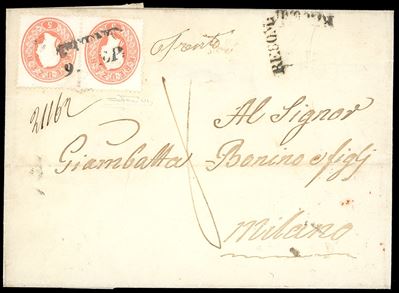 1861 - Austria - Raccomandata da Trento per Milano del 9 Settembre Affrancata con 2 Es. del 5 Kr....