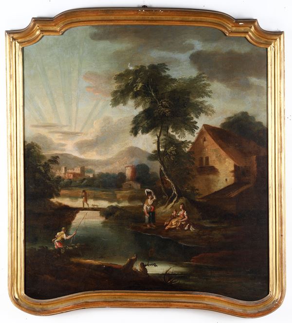 Scuola del XVIII secolo Paesaggi con cacciatori e contadini