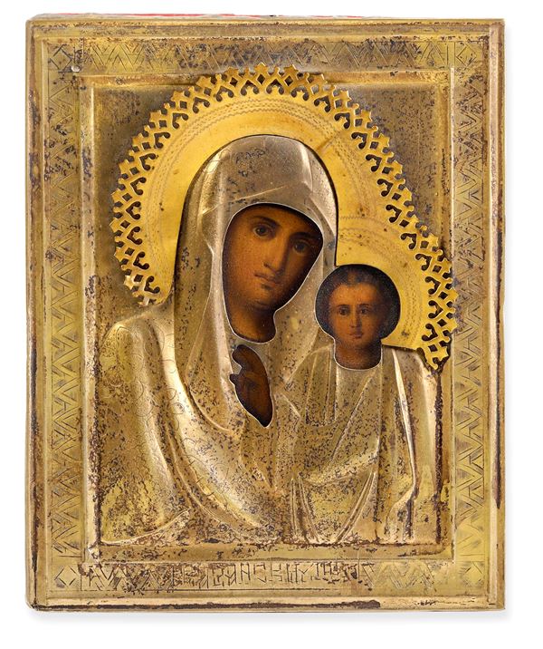 Icona raffigurante la Vergine di Kazan. Scuola russa del XIX secolo. Riza in metallo dorato