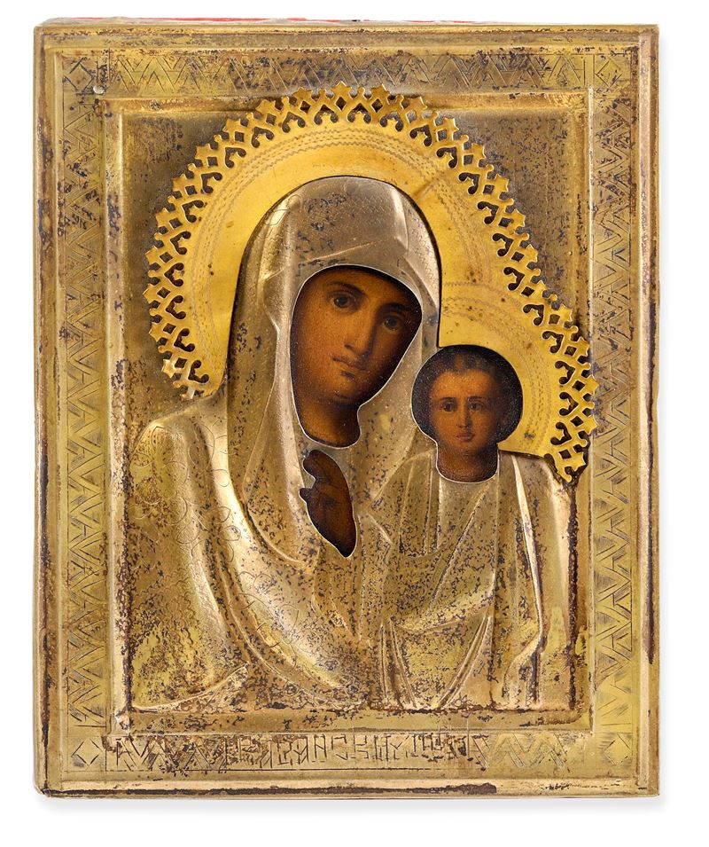 Icona raffigurante la Vergine di Kazan. Scuola russa del XIX secolo. Riza in metallo dorato  - Asta Argenti da Collezione | Antichi - I - Cambi Casa d'Aste