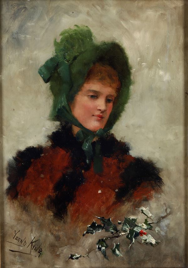 Henry John Yeend King - Ritratto femminile con cuffia verde