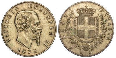 Regno D'italia. Vittorio Emanuele II di Savoia, 1861-1878. 5 Lire 1872. Roma.