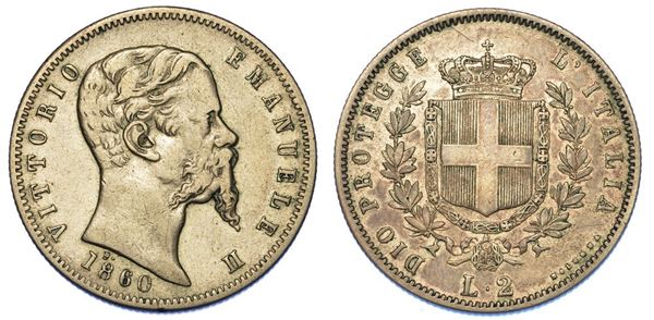 RE ELETTO. VITTORIO EMANUELE II DI SAVOIA, 1859-1861. 2 lire 1860. Bologna.