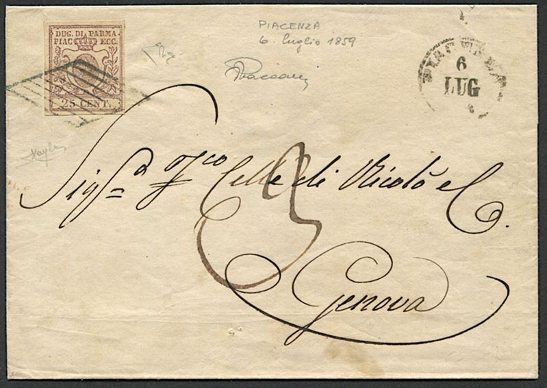 1859, Parma, Governo Provvisorio, lettera da Piacenza per Genova del 6 luglio 1859  - Auction Postal History and Philately - Cambi Casa d'Aste