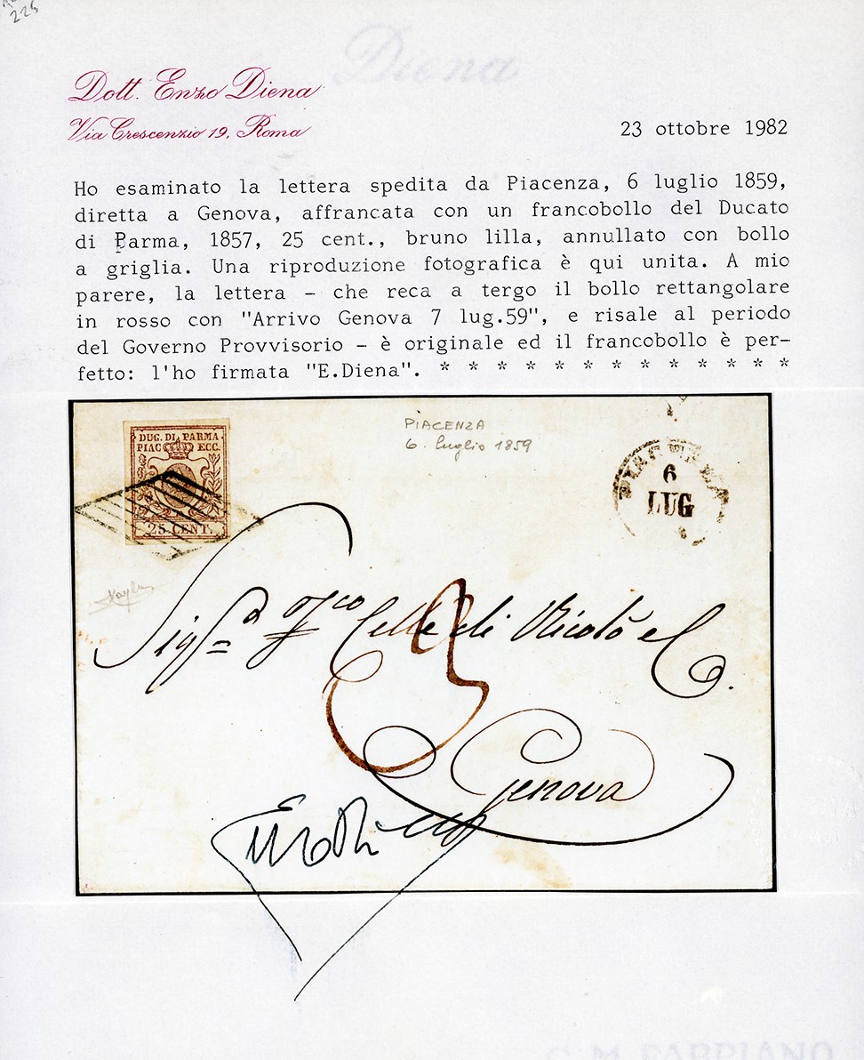 Lettera da Piacenza a Genova del 6/7/1859, affrancata con 25 cent. della III emissione
