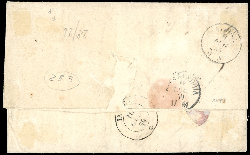 Lettera da Piacenza per Intra, 8 luglio 1859, affrancata 30 cent. con coppia III emissione
