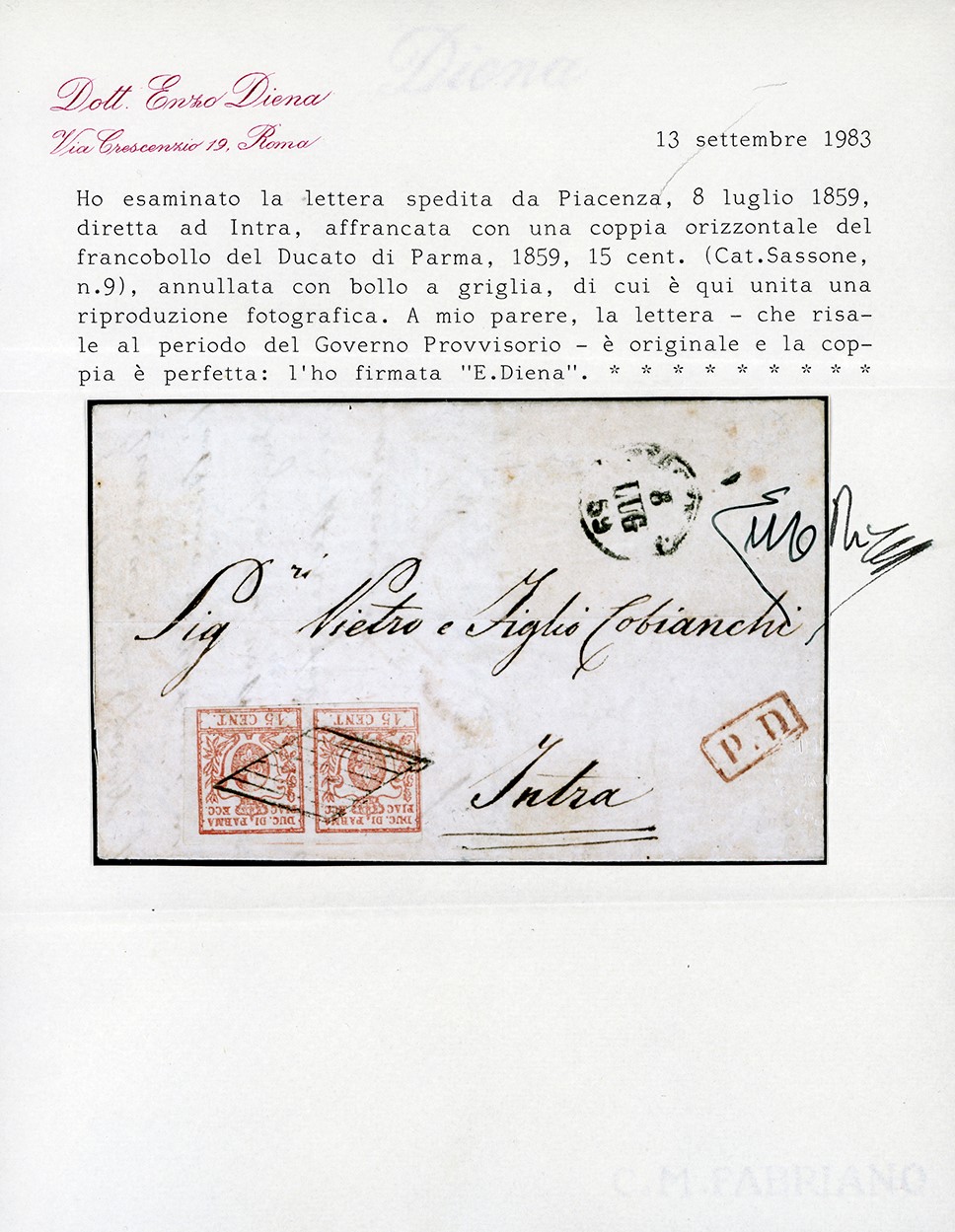 Lettera da Piacenza per Intra, 8 luglio 1859, affrancata 30 cent. con coppia III emissione