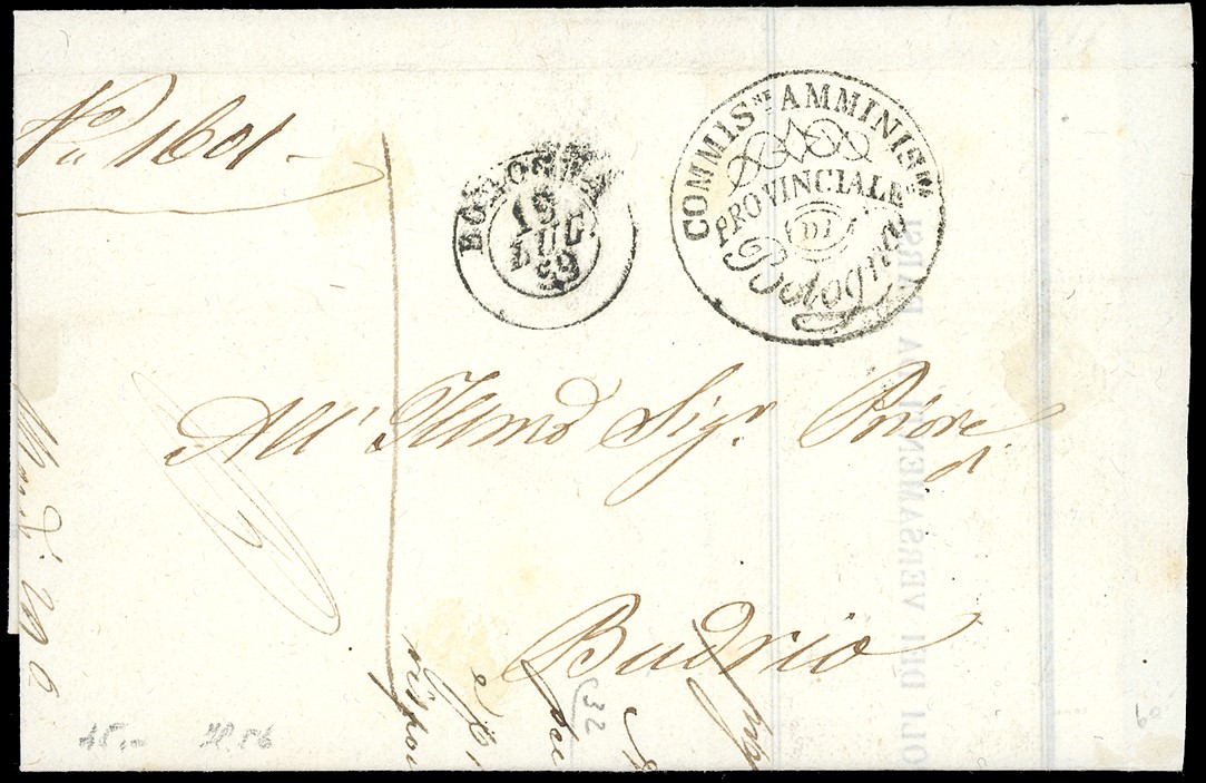 Letterina postale da Bologna a Budrio, 19 luglio 1859, con francobollo da 3 baj bruno