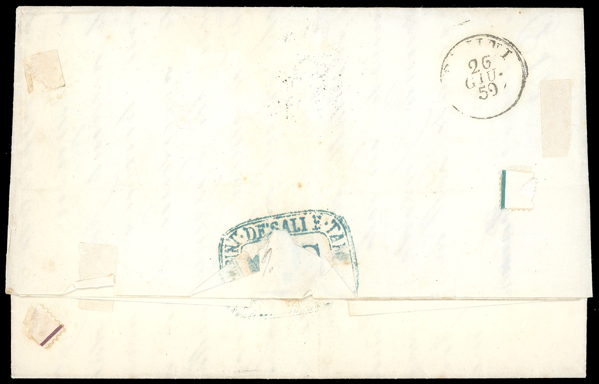 Lettera di doppio porto da Bologna a Rimini del 25 giugno 1859, affrancata con 6 baj grigio verda...