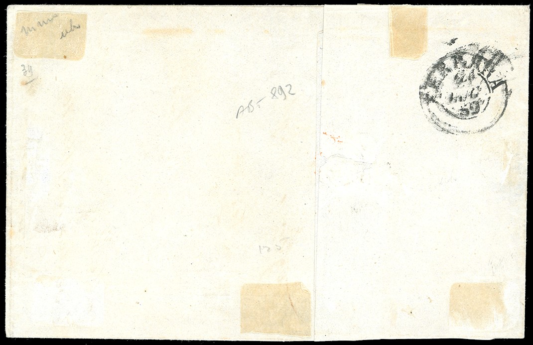1859, Lettera da Bologna a Ferrara affrancata con 6 baj grigio verdastro frazionato a 1/3 per tar...