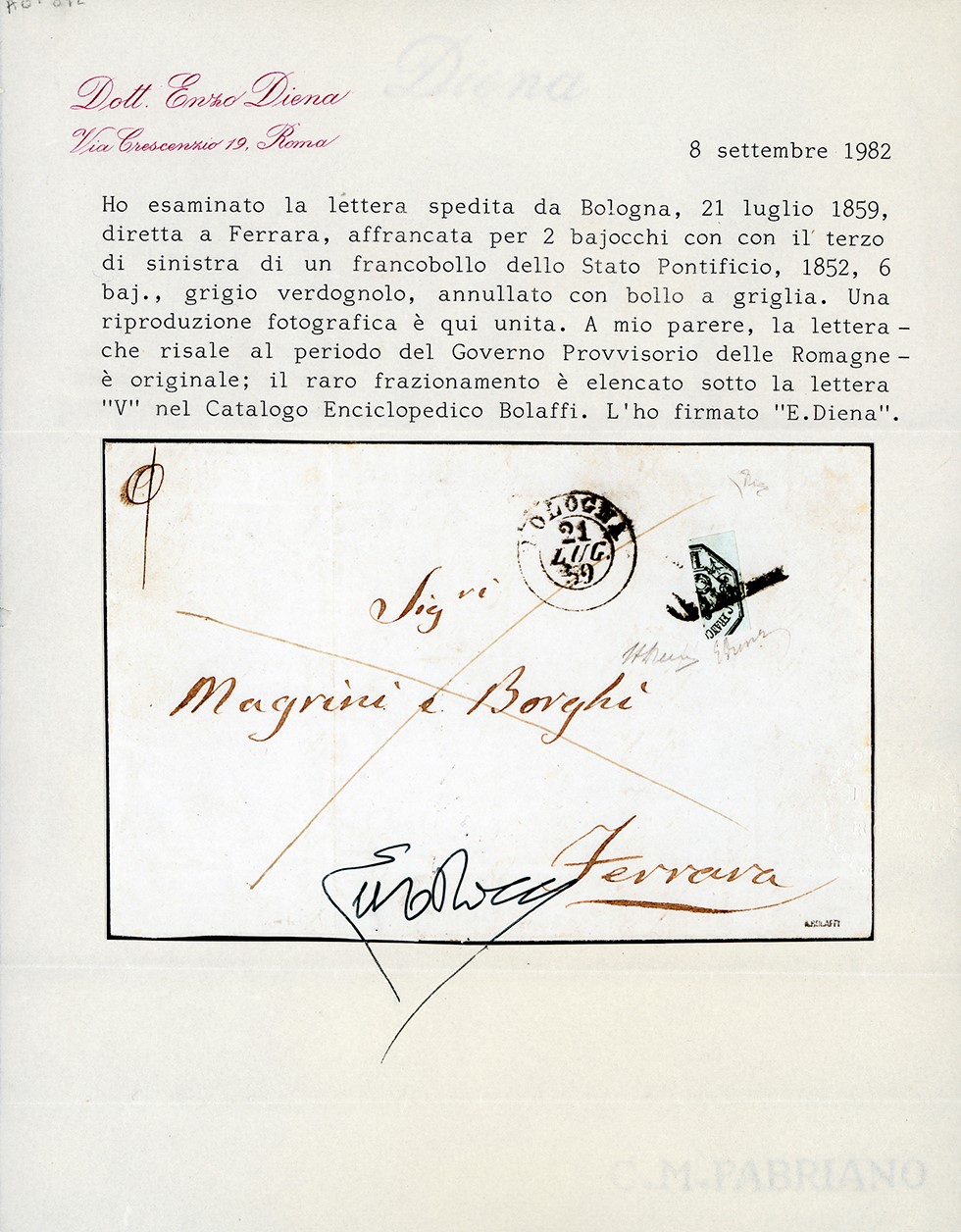 1859, Lettera da Bologna a Ferrara affrancata con 6 baj grigio verdastro frazionato a 1/3 per tar...