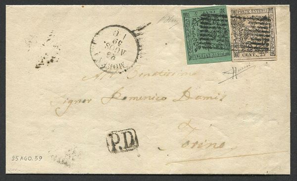 1859, Modena, Governo Provvisorio, annulli risorgimentali, lettera da Modena per Torino del 25 agosto 1859