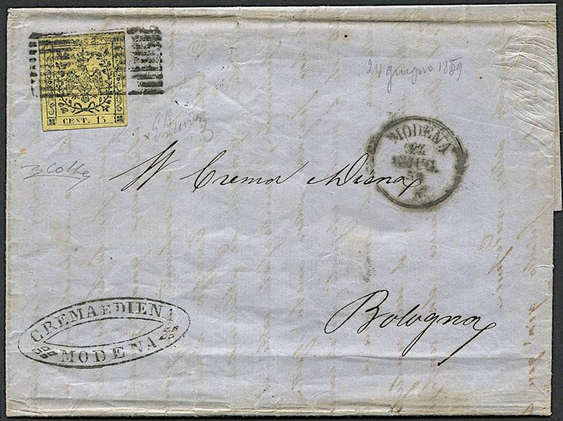 1859, Modena, Governo Provvisorio, annulli risorgimentali, lettera da Modena per Bologna del 22 giugno 1859  - Auction Postal History and Philately - Cambi Casa d'Aste