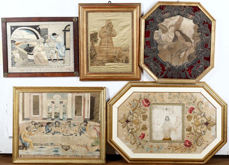 Lotto di tessuti ricamati a tema religioso. Varie epoche e manifatture  - Auction Antiques and paintings - Cambi Casa d'Aste
