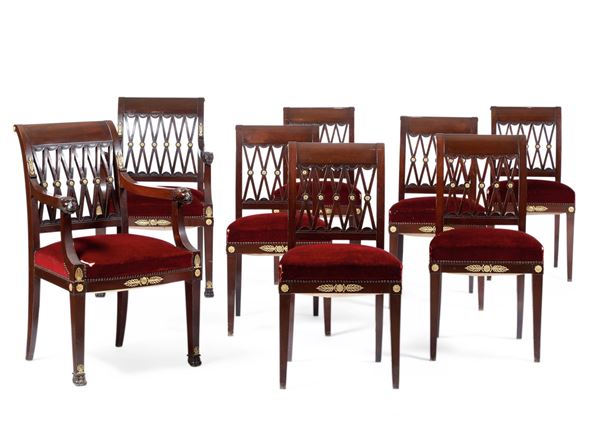Sei sedie e due poltrone in mogano. Inghilterra XIX secolo