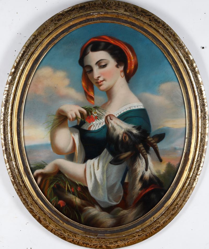 Pittore del XIX-XX secolo Fanciulla con capretta  - pastello - Asta Pittura del XIX-XX secolo - Cambi Casa d'Aste