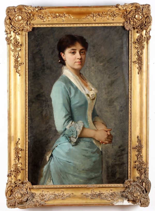 Artista del XIX-XX secolo Ritratto di donna in abito azzurro