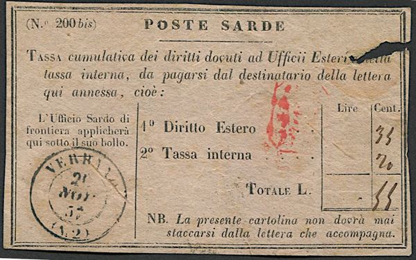1857, Sardegna, Segnatasse, talloncino con dicitura “N.B.” in basso su due righe