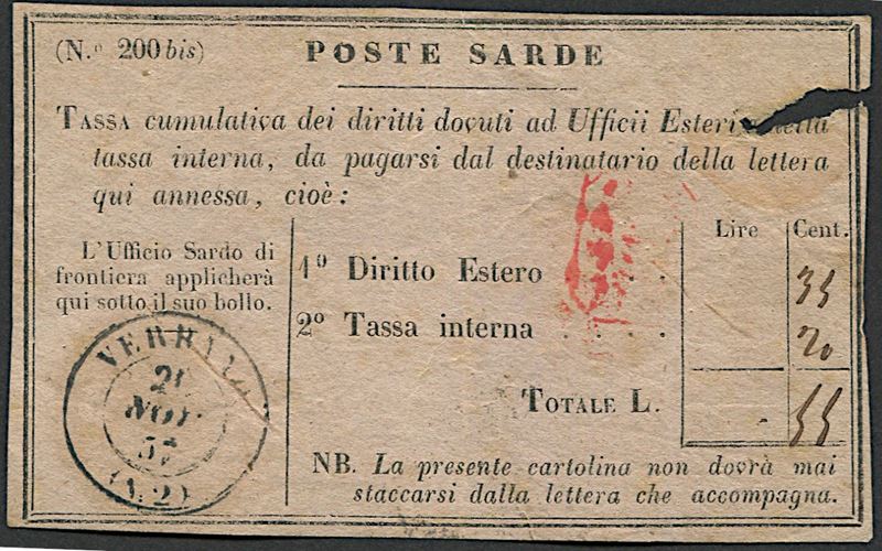 1857, Sardegna, Segnatasse, talloncino con dicitura “N.B.” in basso su due righe  - Auction Philately - Cambi Casa d'Aste