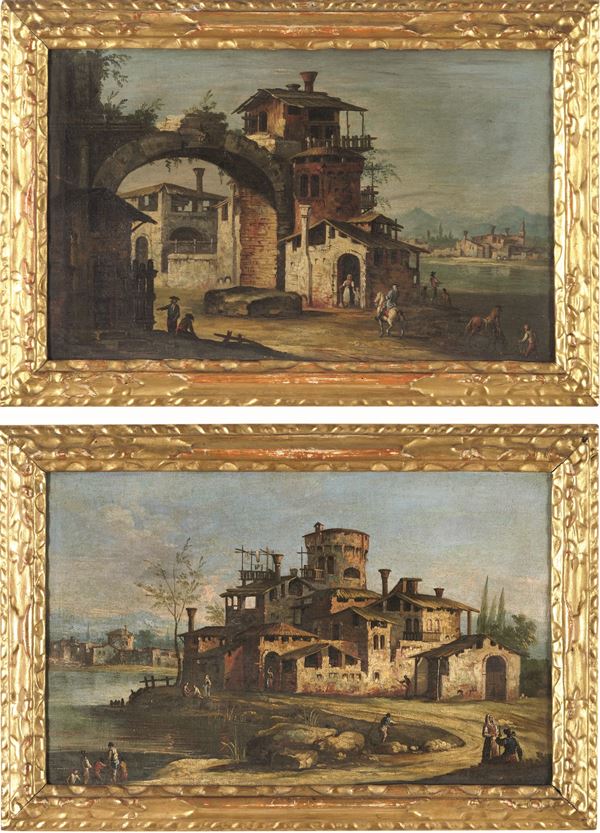 Scuola del XVIII secolo Paesaggi con architetture e figure