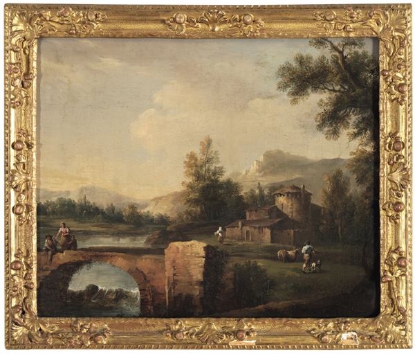 Scuola del XVIII secolo Paesaggio con ponte e casolare sullo sfondo