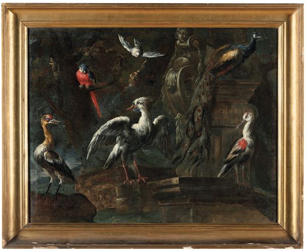 Giovanni Crivelli detto il Crivellino - Paesaggio con pavone e altri volatili