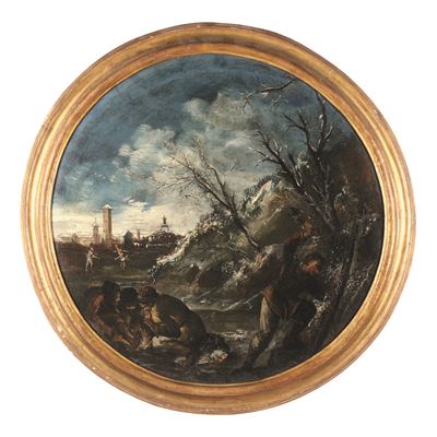 Scuola del XVIII secolo, Paesaggio invernale con taglialegna, olio su tela circolare