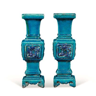 Coppia di Vasi in Porcellana Invetriata Turchese, Cina, Dinastia Qing, Epoca Kangxi (1662-1722)