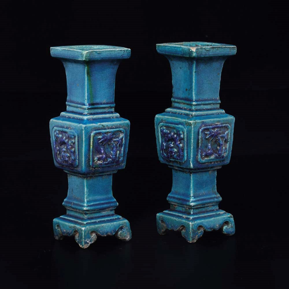 Coppia di Vasi in Porcellana Invetriata Turchese, Cina, Dinastia Qing, Epoca Kangxi (1662-1722)