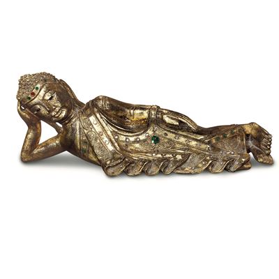 Buddha Sdraiato in Legno Dorato, Thailandia, XX Secolo