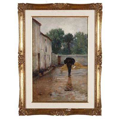 Terreno campestre sotto cielo uggioso, olio su tavola