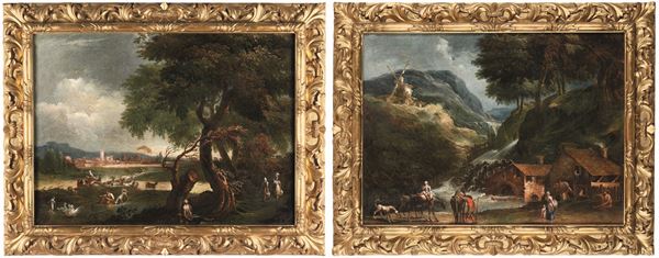 Scuola del XVIII secolo Paesaggi con contadini