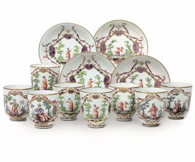 Otto Tazze con Quattro Piattini con Decoro “alla Sassone”venezia, Manifattura Cozzi, 1800 Circa e...
