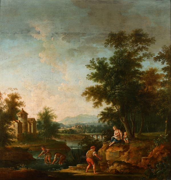 Scuola veneta del XVIII secolo Paesaggio con contadini in riva a un fiume