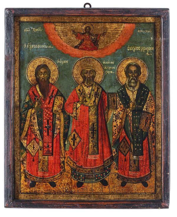 Icona raffigurante San Basilio il grande, San Giovanni Crisostomo e San Gregorio il Dialogo. Grecia, XIX secolo