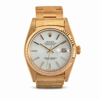 Prestigioso Rolex Datejust Ref 16018 in Oro Giallo 18k Quadrante Bianco e Indici a Bastone, Bracc...